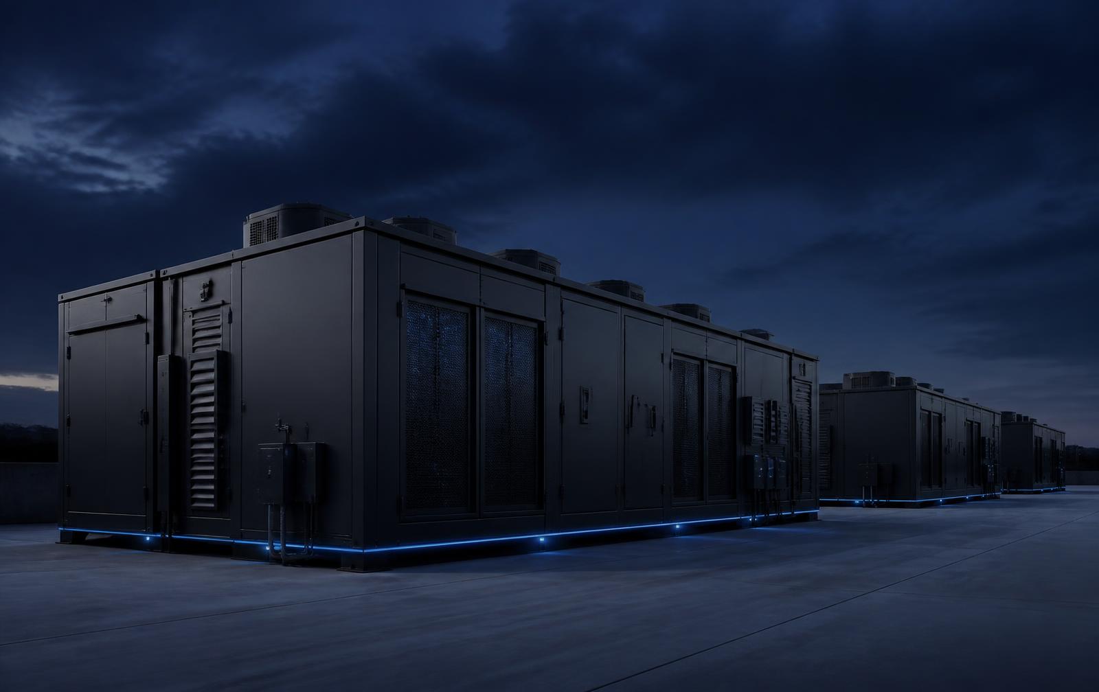 Modular containerized AI compute units on a concrete pad at dusk