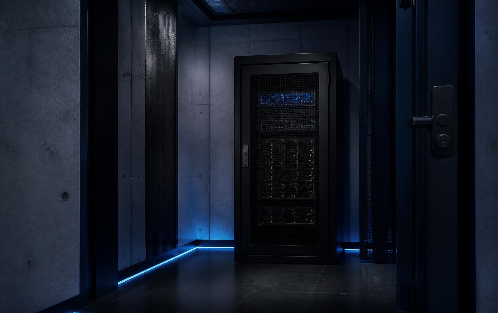 Secured institutional server cabinet inside a private concrete and steel room